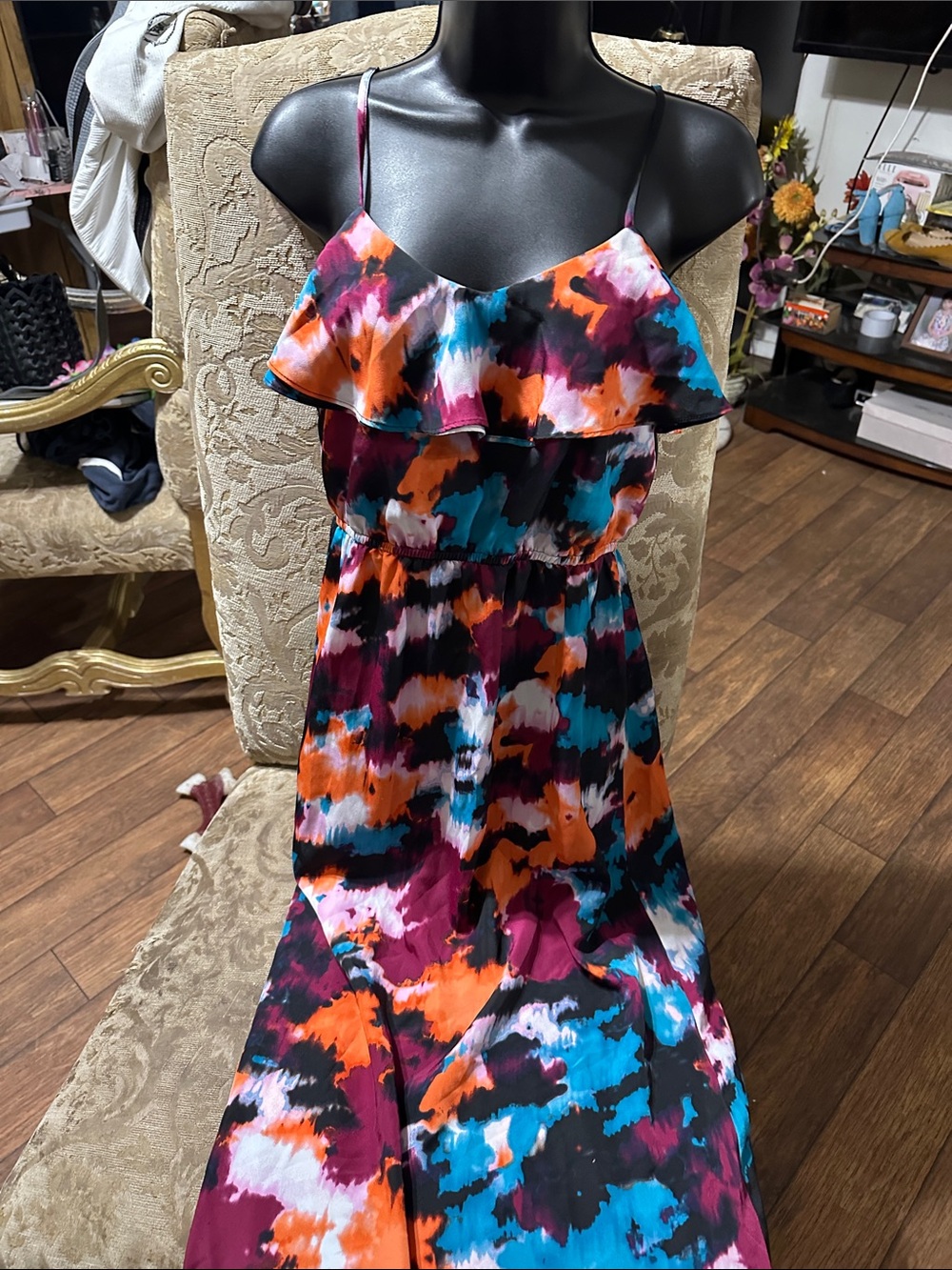 LOFT Multicolor Abstract Spaghetti Strap Maxi Dress